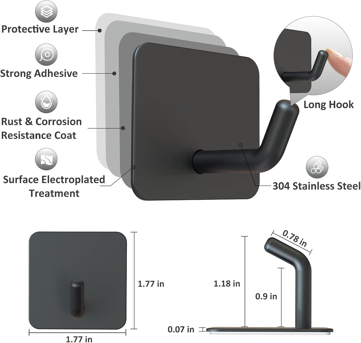 VIS'V Adhesive Hooks, Heavy Duty Shower Wall Stick on Hooks, Waterproof, 2 Extra Adhesive Strips, Black, 4 Pcs