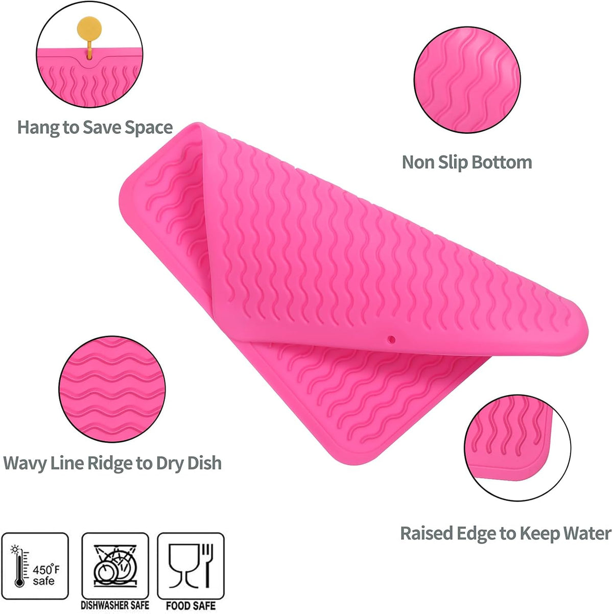 Silicone Dish Drying Mat for Multiple Usage,Easy clean,Eco-friendly,Heat-resistant Silicone Mat for Kitchen Counter or Sink,Refrigerator or Drawer liner Rose M 12 inches x 12 inches