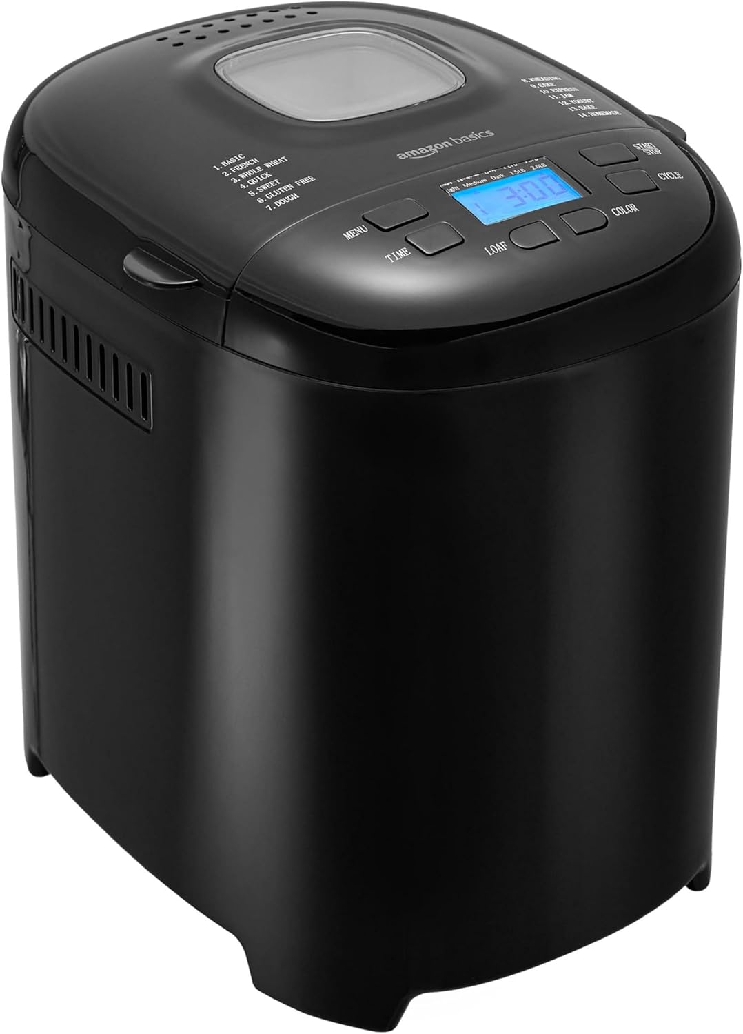 Amazon Basics Programmable Bread Maker, 2 Pound Non-Stick Automatic Bread Making Machine, 14 Settings for Breads, Doughs, Gluten-Free Options and More, LCD Display, Black