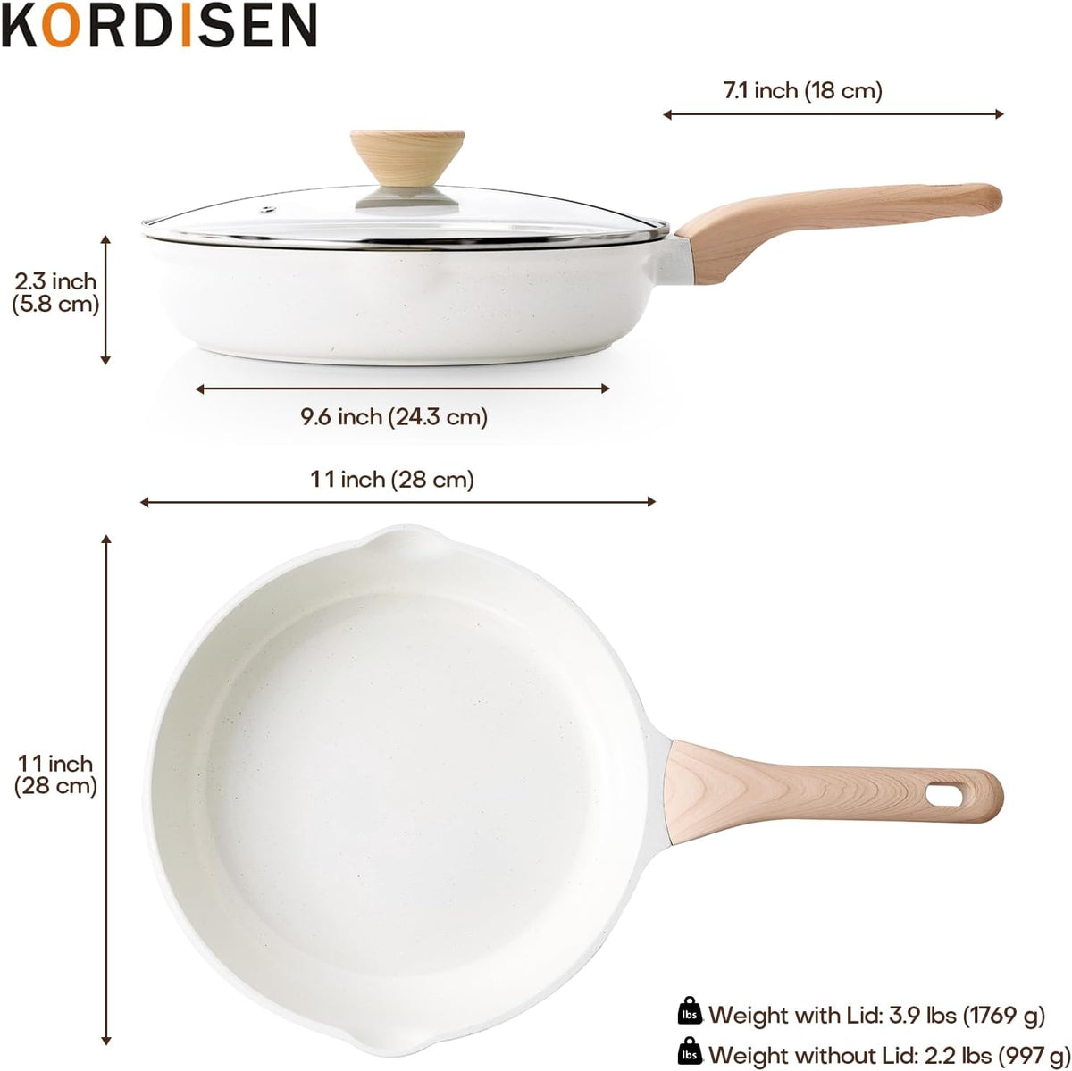 Nonstick Ceramic Frying Pan with Lid, 11 Inch Ceramic Skillet with Lid, Healthy Non Toxic Cooking Pan, Stay-Cool Handle, Induction Compatible, PFOA & PFAS Free, White