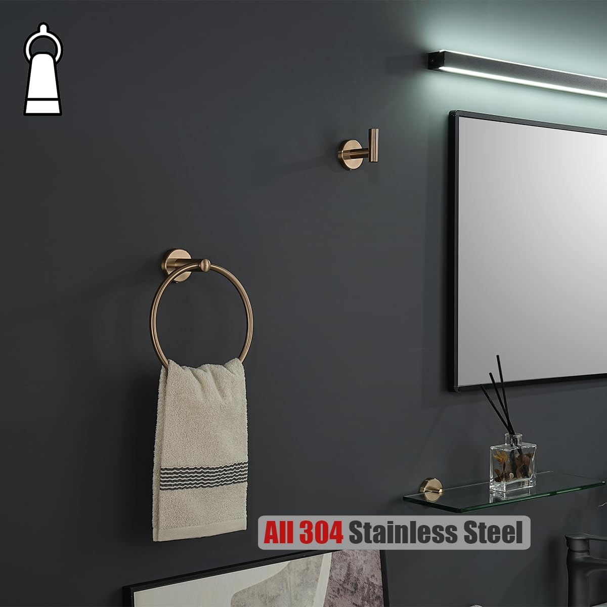 JQK Towel Ring Champagne Bronze, 304 Stainless Steel Hand Towel Holder for Bathroom Wall Mount, TR130-CB