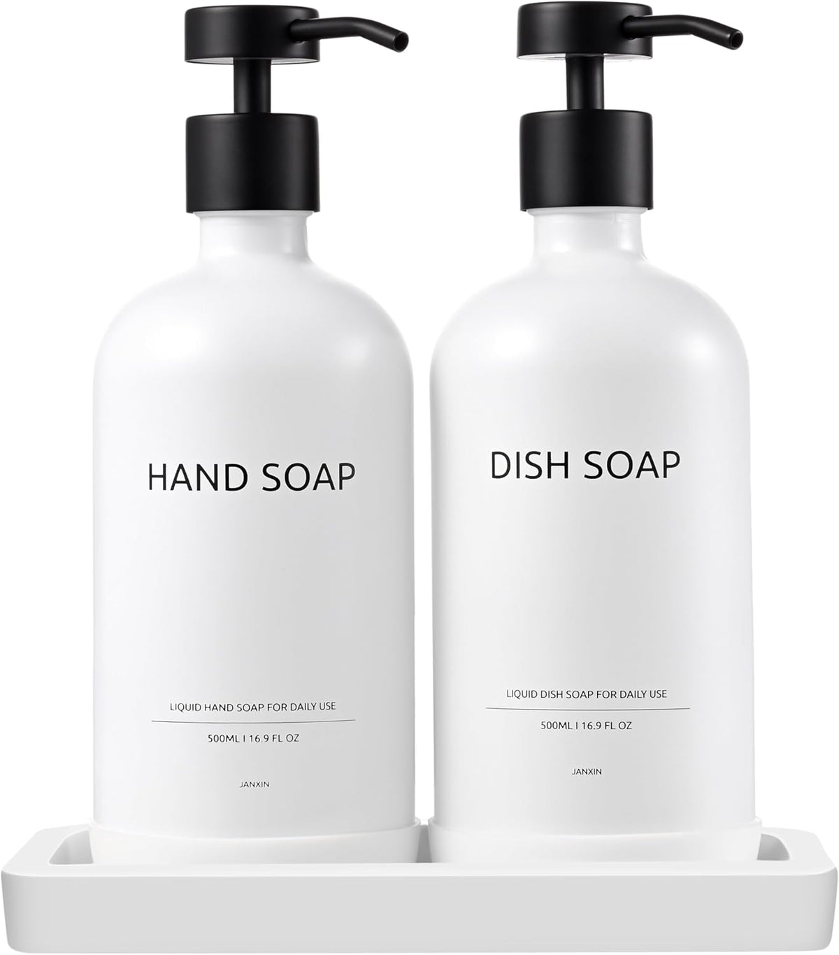 Glass Soap Dispenser Set with Ceramic Tray, 16.9 floz Hand and Dish Soap Dispenser for Bathroom Decor, White and Black Kitchen Accessories (White Bottles + Black Pumps)