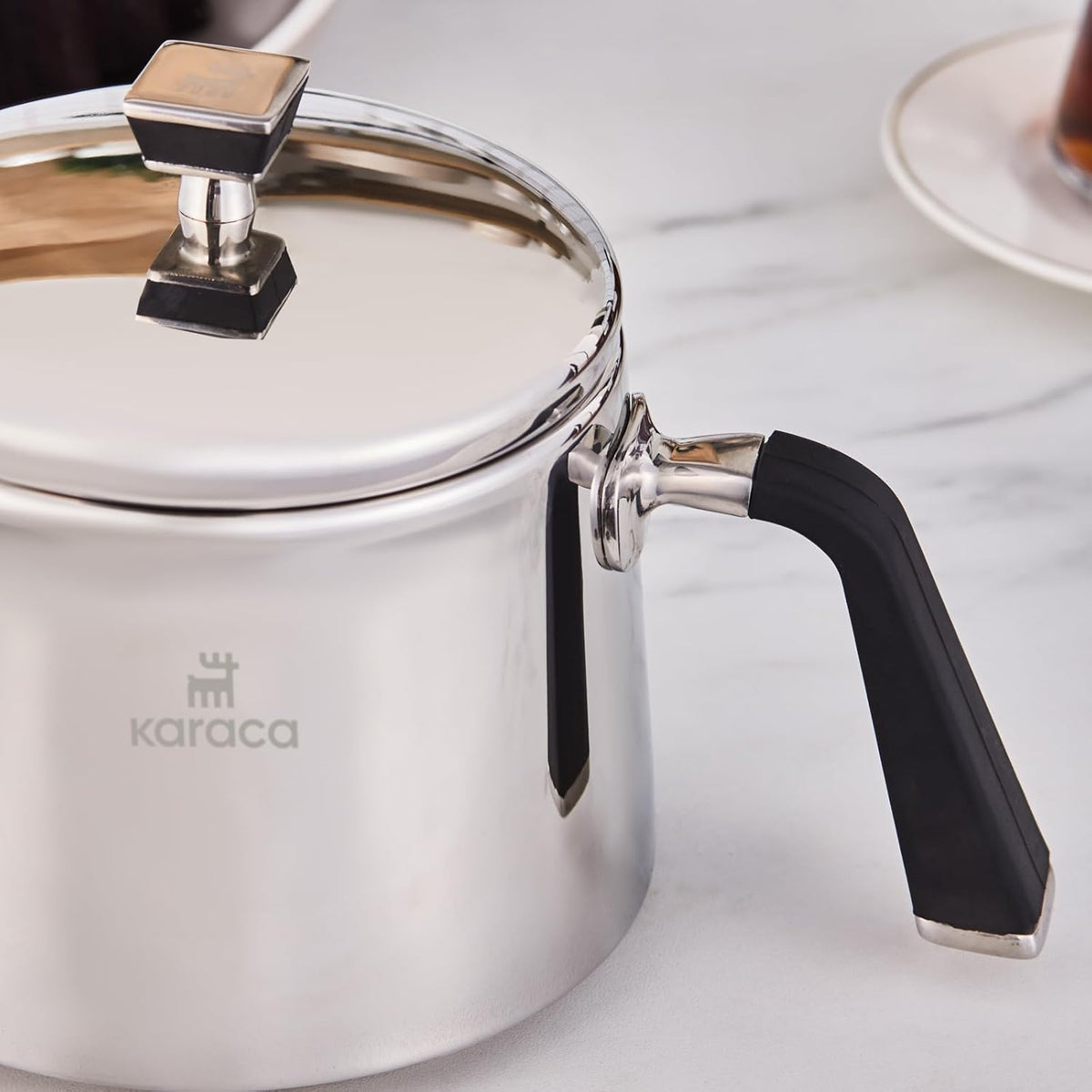 Karaca Fiona Stainless Steel Turkish Teapot Set XL, 1L Tea Pot & 2L Water Tank (Kettle), Stove Top/Induction Compatible, Elegant Silver Design, Easy to Clean, Non-Flammable Handles