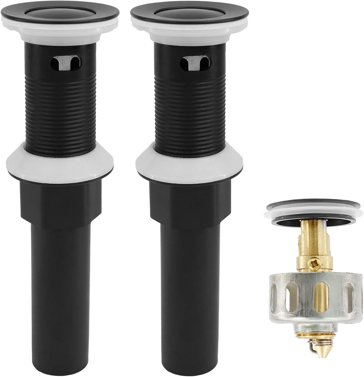 Bathroom Sink Drain,2 Pack Drain Stopper with Overflow,Small Cap Pop Up Drain Assembly with Detachable Strainer Basket,Built-in Anti-Clogging, Stainless Steel Nut Matte Black