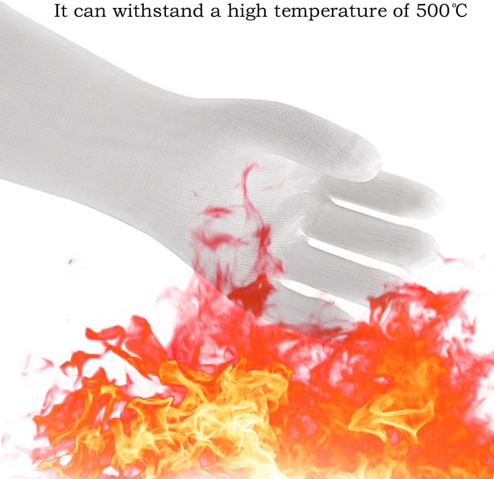 Silicone BBQ Gloves, Oven Gloves with Fingers 932°F Heat Resistant, Kitchen Waterproof Hot Proof Glove for Fryer, Smoker, Baking, Cooking (White, XL)