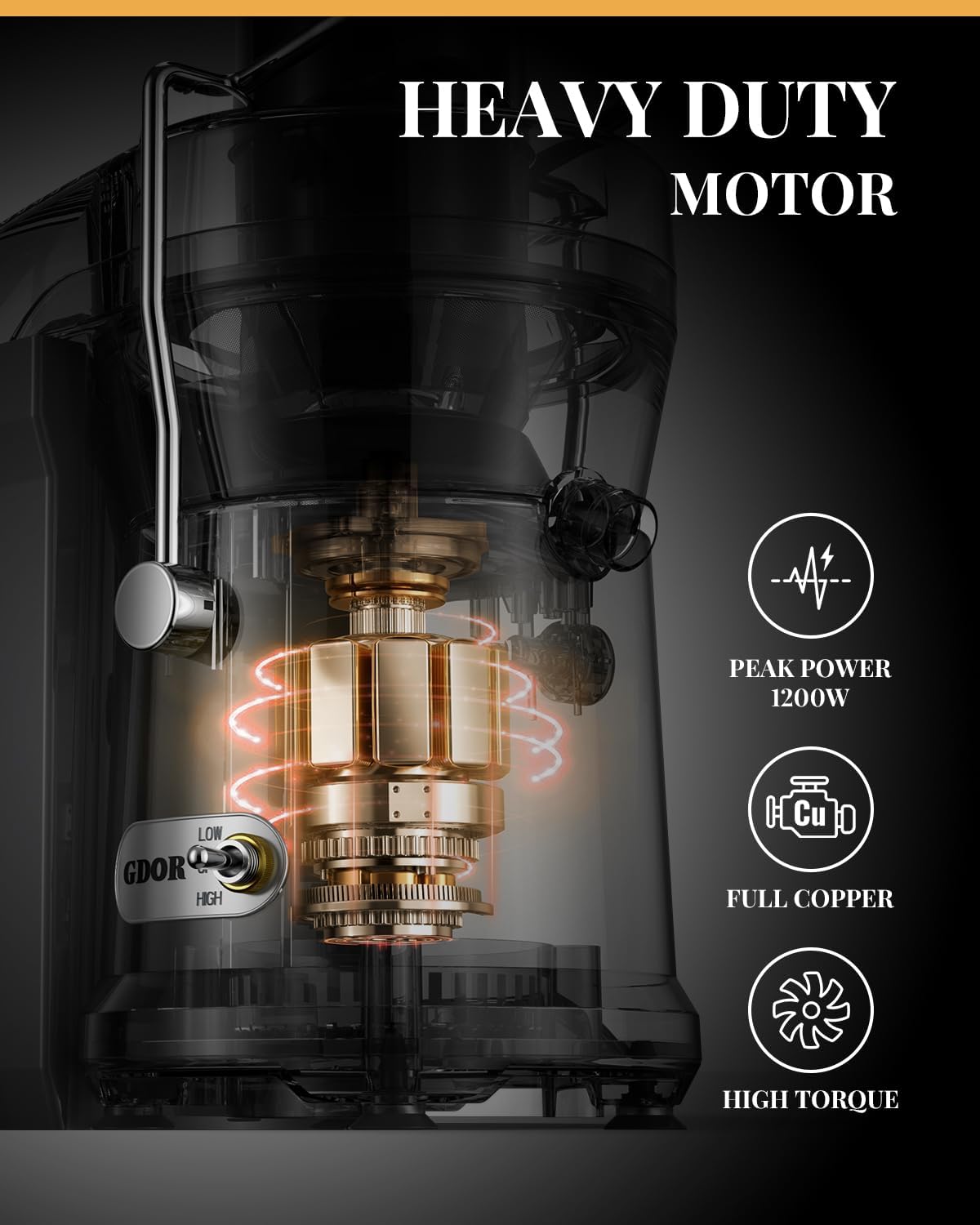 GDOR 1200W Juicer, 3.2" Wide Chute, Titanium-Enhanced Blade, Heavy-Duty Copper Motor, Dual Speed Centrifugal Juice Extractor, BPA-Free, Silver