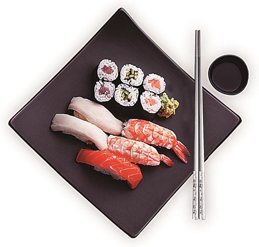 Metal Chopsticks Reusable Titanium Plated Stainless Steel Japanese Korean for Food & Cooking 9.5Inch Non-Slip for Beginners Square Laser 5 Pairs Gift Set