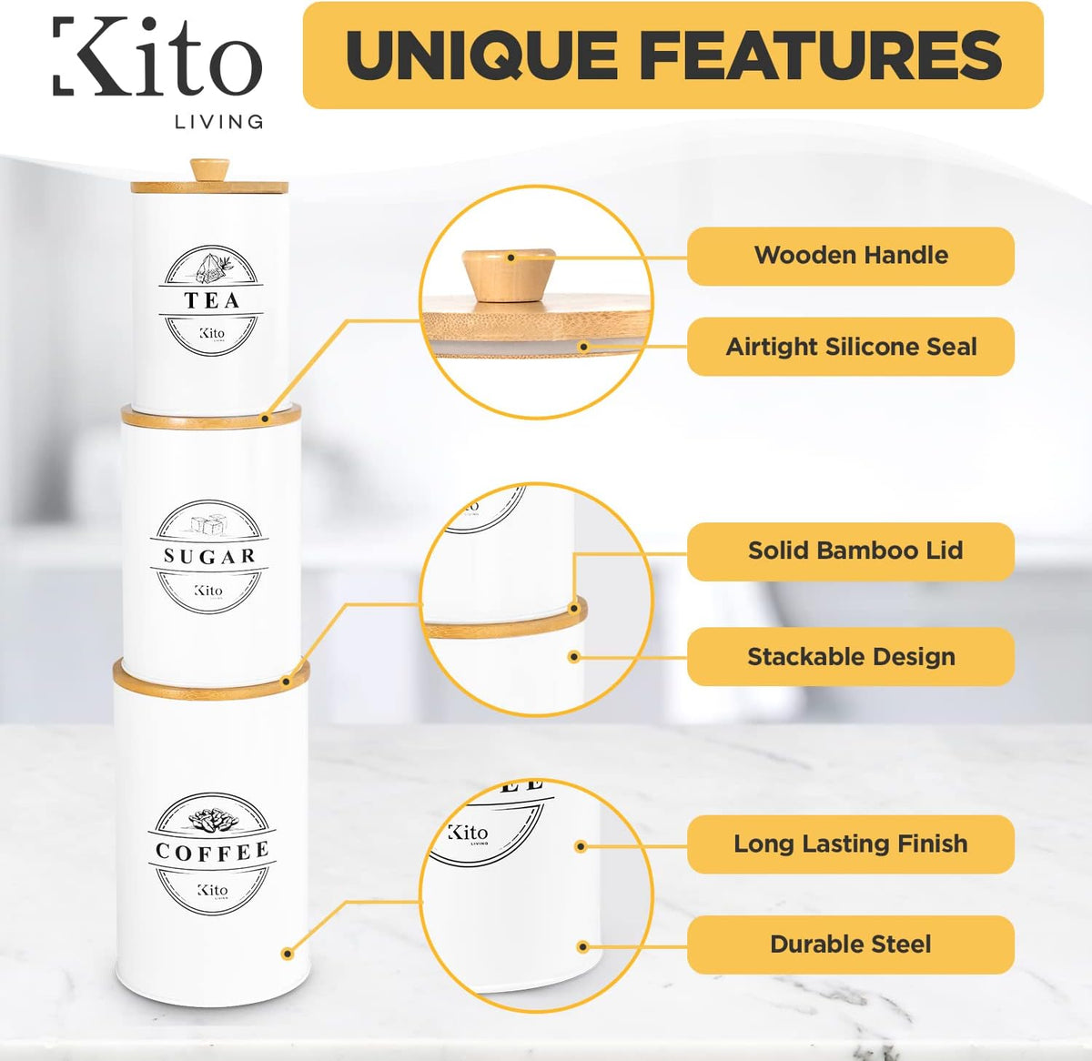 Canisters Sets for Kitchen Counter Storage and Organization with Wooden Bamboo Lids, Food Pantry Containers, Stackable Steel Storage Bins, Airtight Sugar Tea Coffee Canisters - White