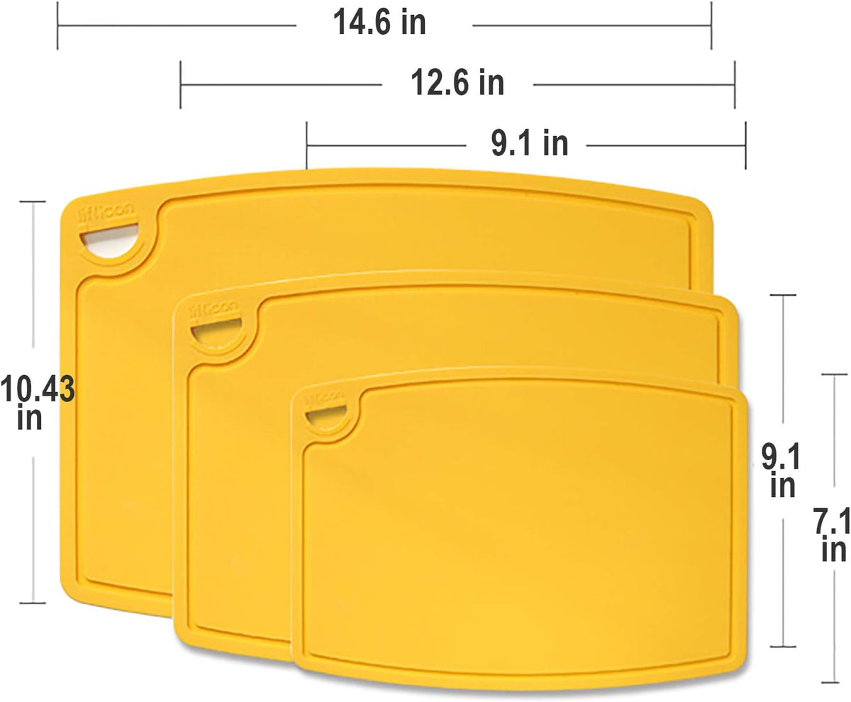 Silicone Thick Cutting Boards Mats Set of 3pcs Foldable & Flexible Design Juice Grooves Easy Grip Handle Dishwasher Safe for Kitchen,BPA free Silicone Cutting Mats-Yellow