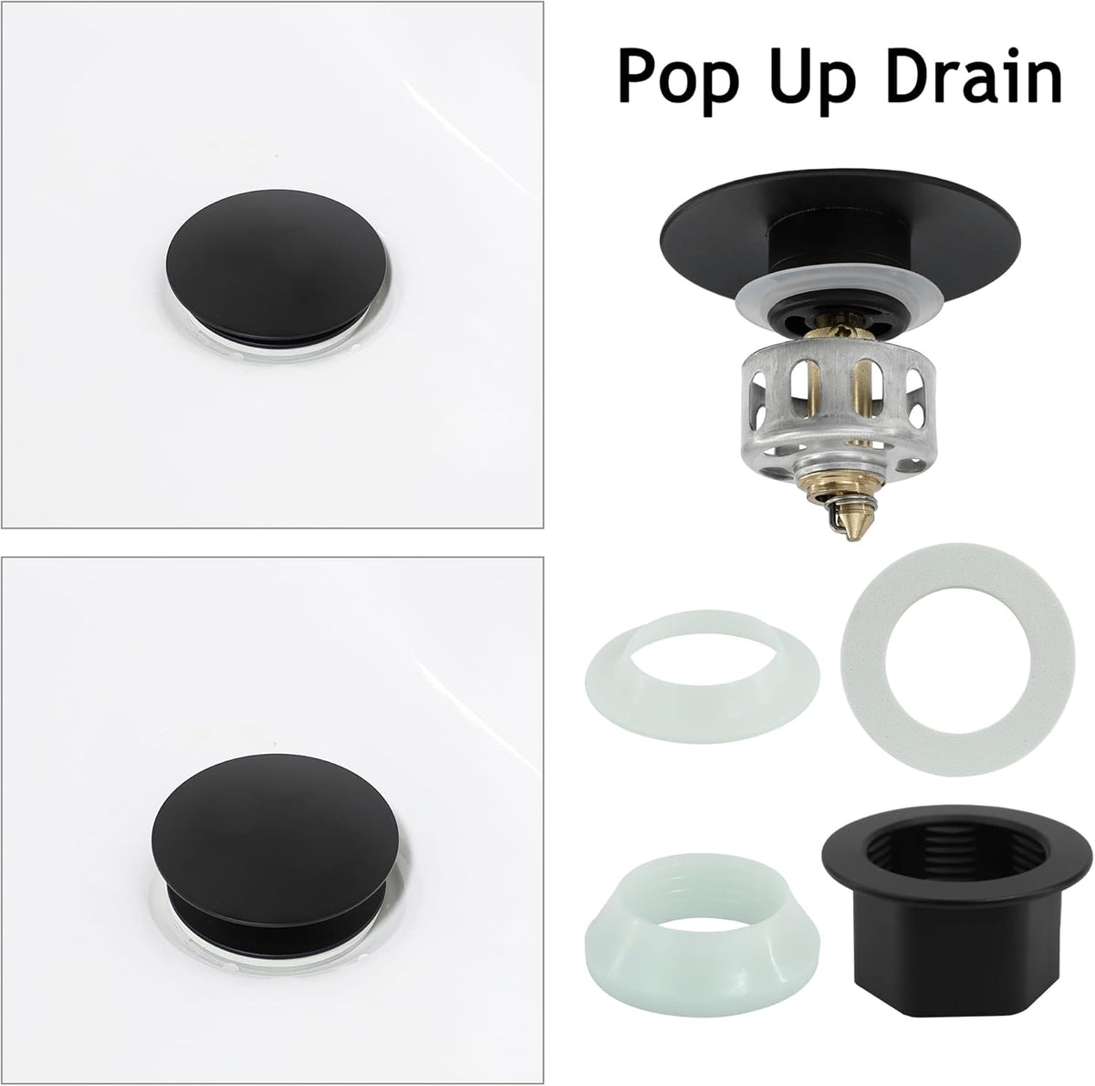 Bathroom Sink Drain,4 Pack Drain Stopper with Overflow,Pop Up Drain Assembly with Detachable Strainer Basket,Built-in Anti-Clogging, Stainless Steel Nut Mattle Black