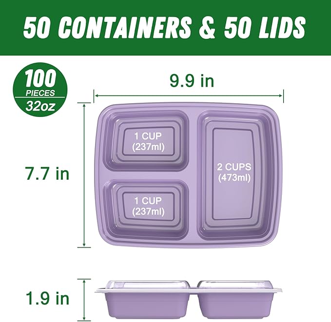 50 Pack (100-Piece) 32 oz Meal Prep Containers Reusable with Lids 3-Compartment, To Go Take Out Plastic Food Storage Containers, Sturdy Leakproof Food Safe, Microwave Freezer Dishwasher Safe, Lilac