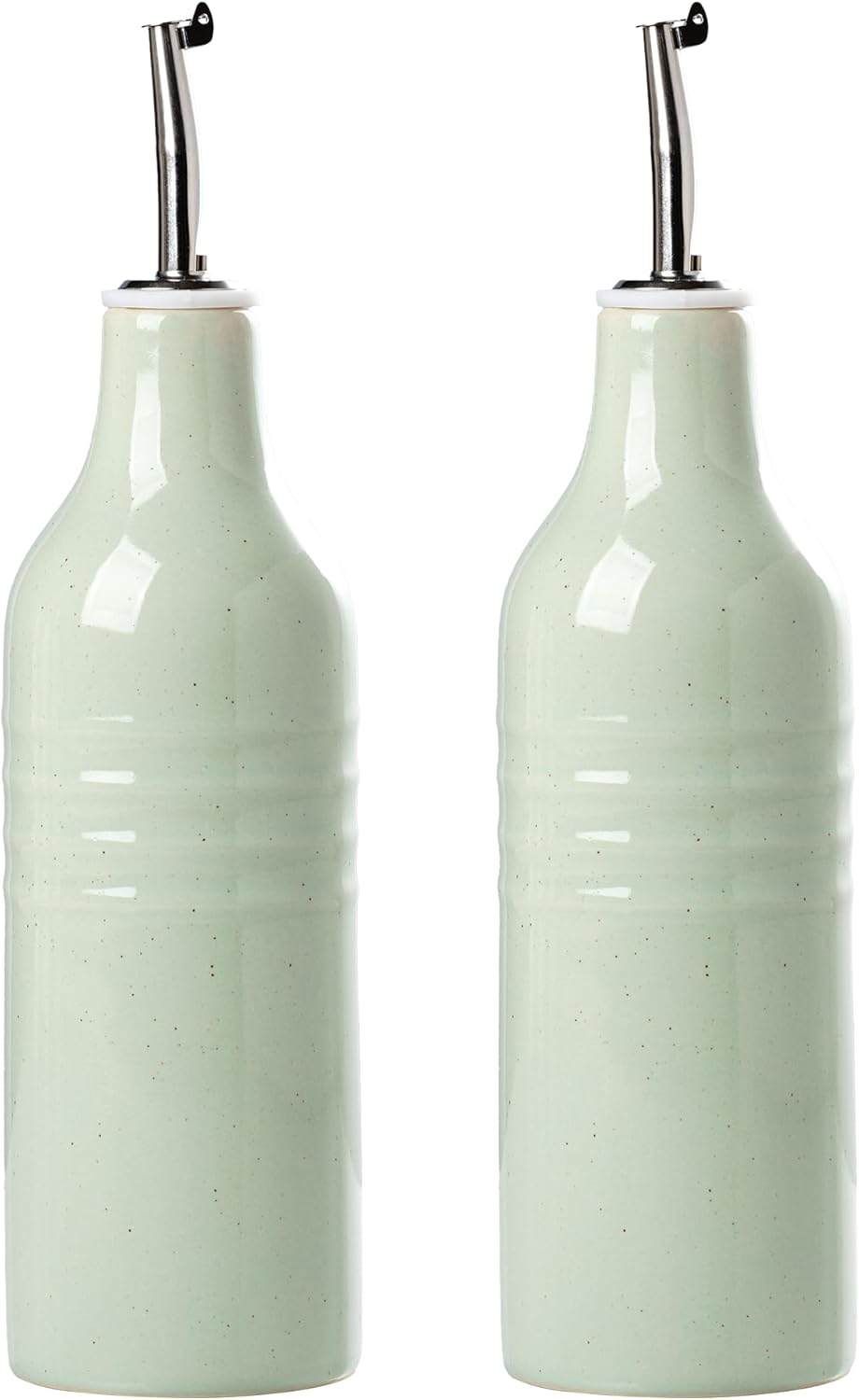 famiware Jupiter 16oz Ceramic Olive Oil Dispenser Bottle, Olive Oil and Vinegar Dispenser Bottle Set of 2 with Stainless Steel Pourers, Suitable for Storage Vinegar, Liquids, Light Green