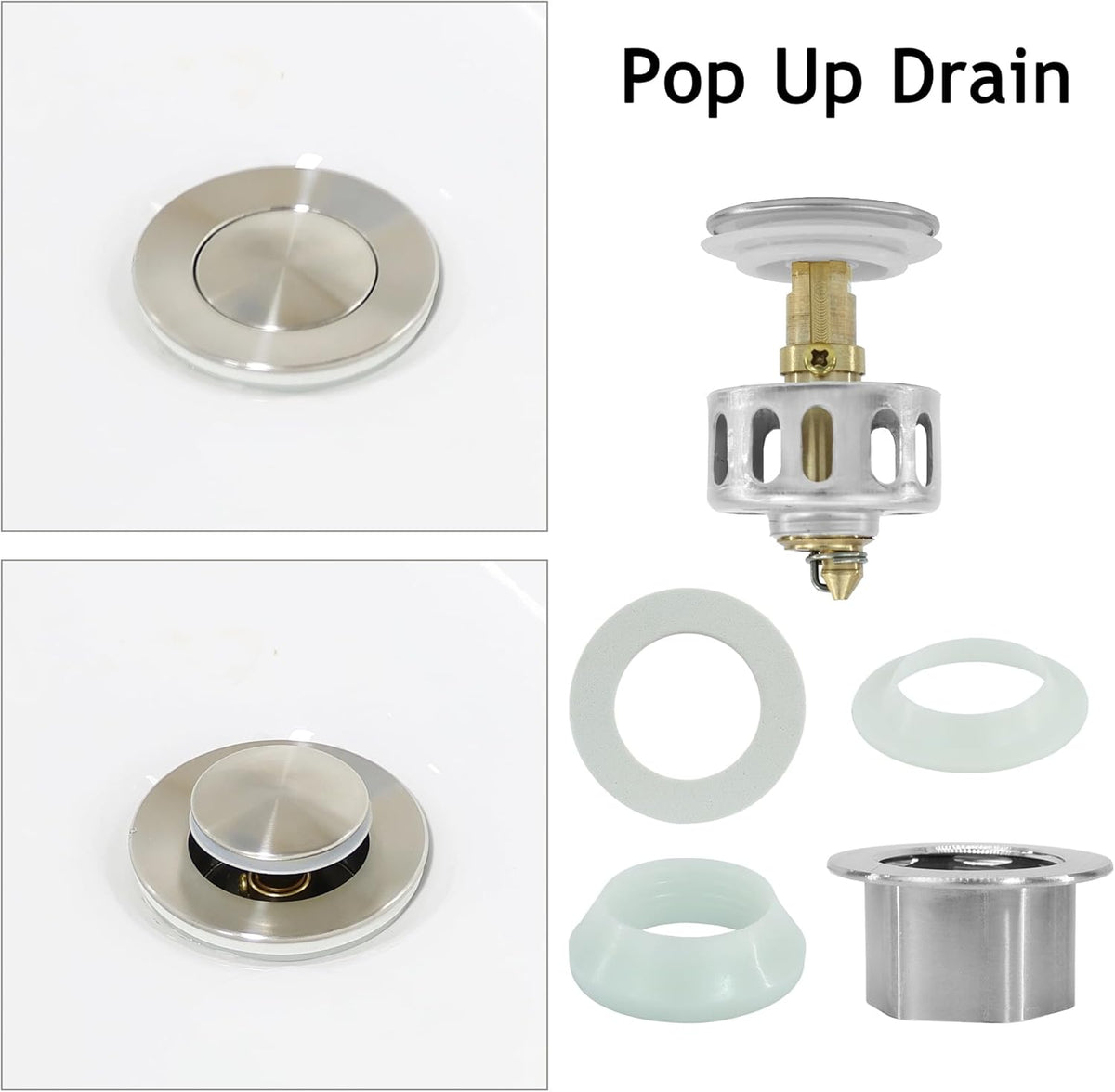 Bathroom Sink Drain,2 Pack Drain Stopper Without Overflow,Small Cap Pop Up Drain Assembly with Detachable Strainer Basket,Built-in Anti-Clogging, Stainless Steel Nut Brushed Nickel