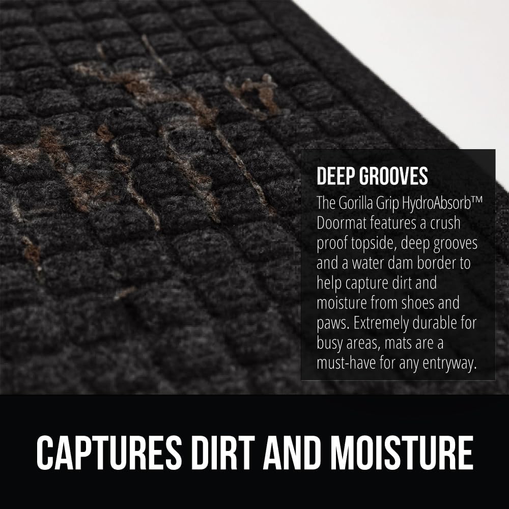 GORILLA GRIP Front Door Mat, Indoor Outdoor Ultra Absorbent HydroAbsorb Doormat, Absorbs Up to 1.7 Cups of Water, Stain and Fade Resistant, Rubber Backing Doormats, Captures Dirt, 29x17 Black