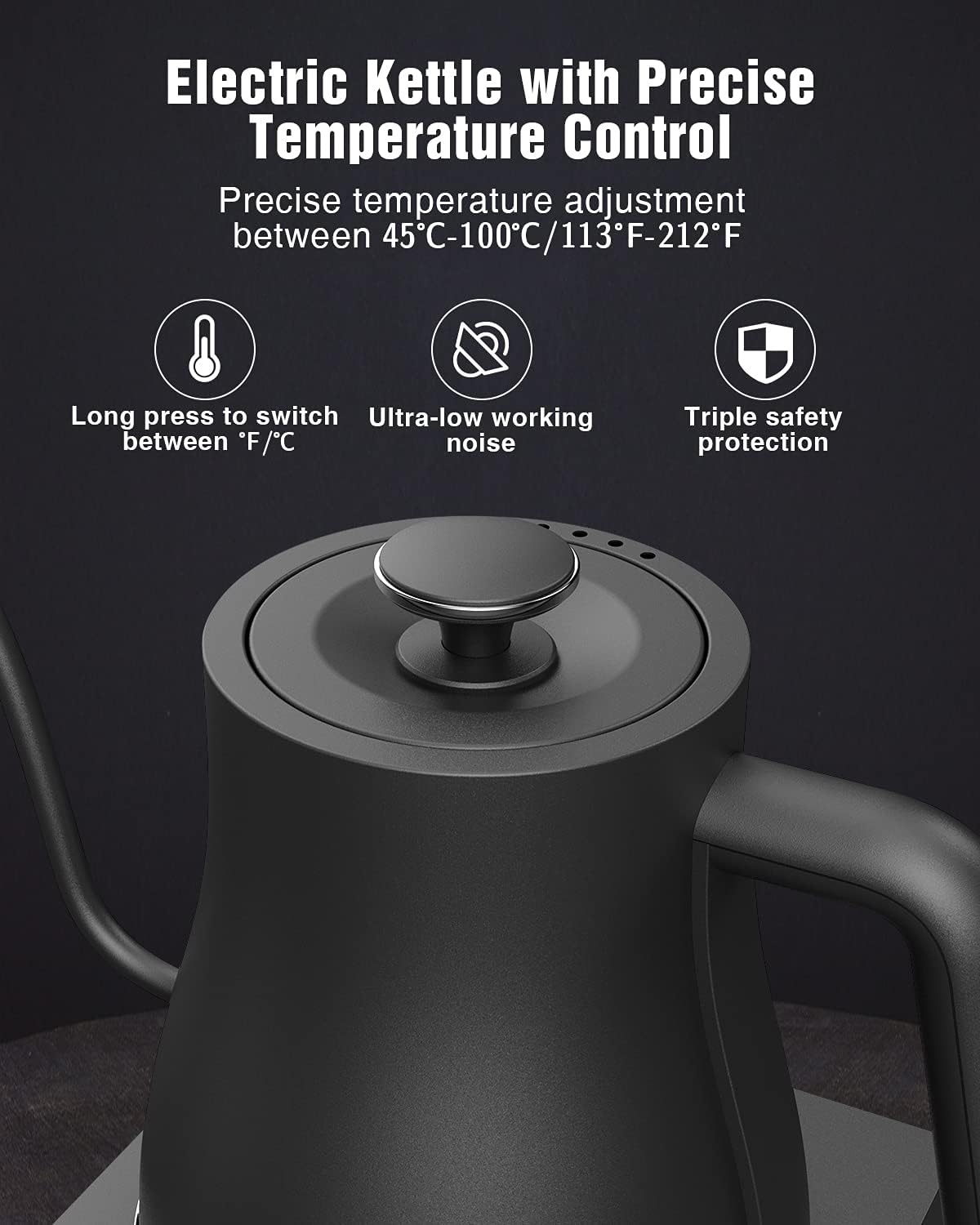Jocuu Gooseneck Electric Pour Over Kettle with Temperature Control, Tea & Pour Over Coffee Kettle, Stainless Steel, Auto Shutoff Boil-Dry Protection, 0.8L, Matte Black
