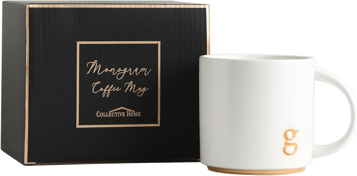 COLLECTIVE HOME - Monogram Ceramic Mugs, 15 oz Golden Initial Coffee Cups, Elegant Alphabet Tea Mugs, Elegant Personalized Mug with Gift Box, Luxurious Cups for Office and Home (g)