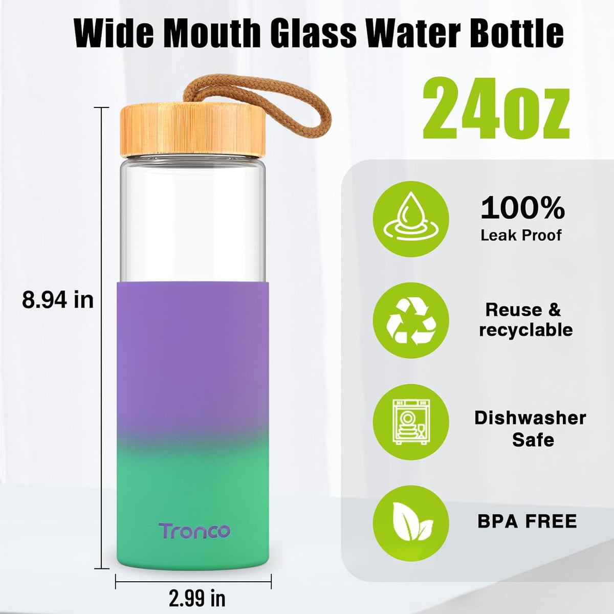 Tronco 24oz Glass Water Bottles with Bamboo Lid & Silicone Sleeve, Leak Proof, BPA Free, Reusable Borosilicate Glass Bottles for Juicing, Smoothies, Juice & Water, for Men & Women Gym, Office, Travel