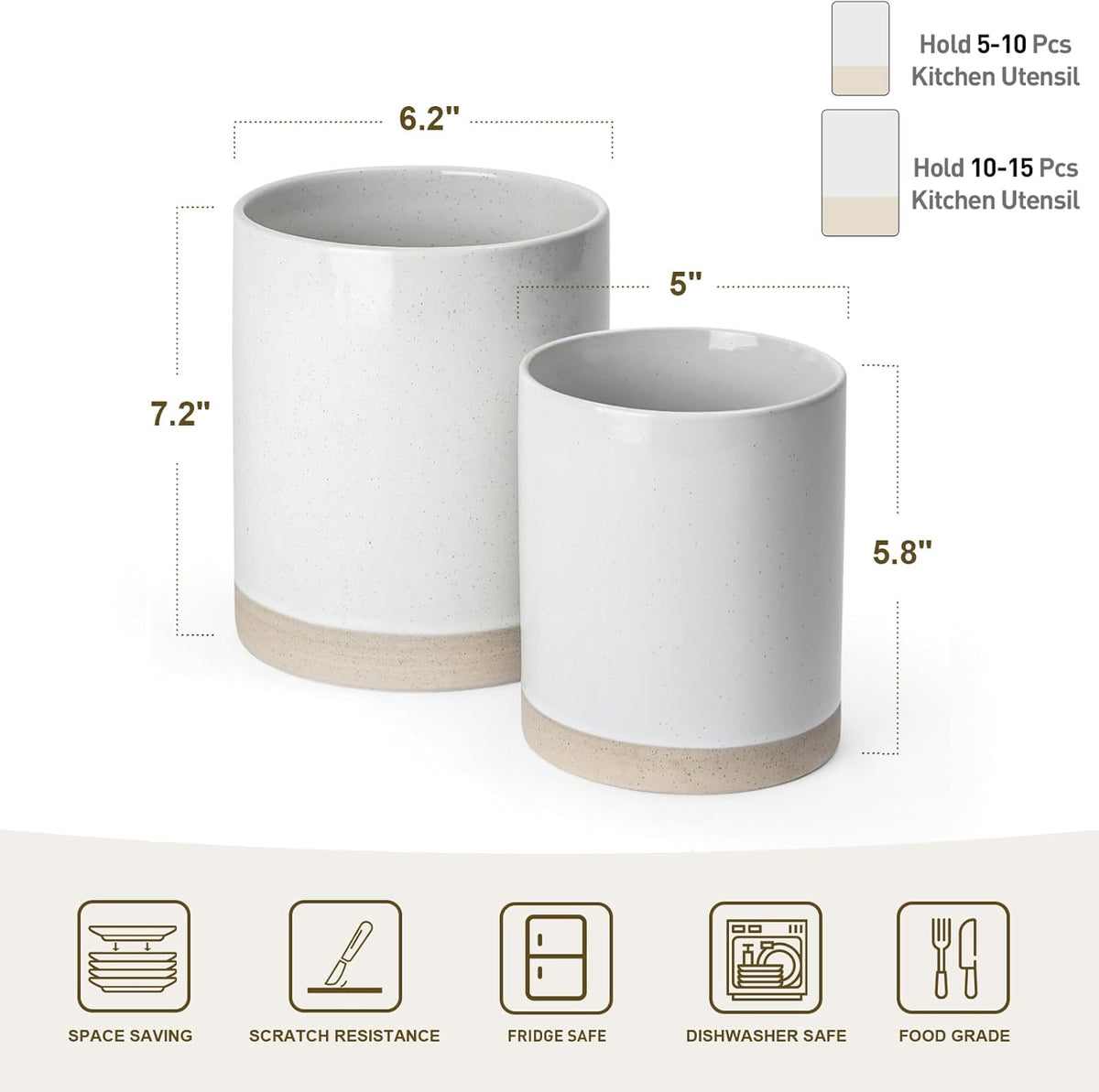 famiware Milkyway Kitchen Utensil Holder for Countertop, 7.2"+5.8" Ceramic Cooking Utensil Crocks for Counter, Utensil Organizer for Spatula & Spoon, Kitchen Decor, Set of 2, White