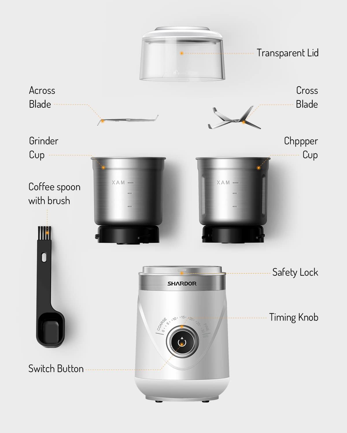 SHARDOR Electric Super Silent Blade Coffee Grinder, Timed Grind Control Rotary Knob, Adjustable Coarse to Fine for Coffee Beans, Spices & Herbs, with 2 Removable Stainless Steel Bowl, White