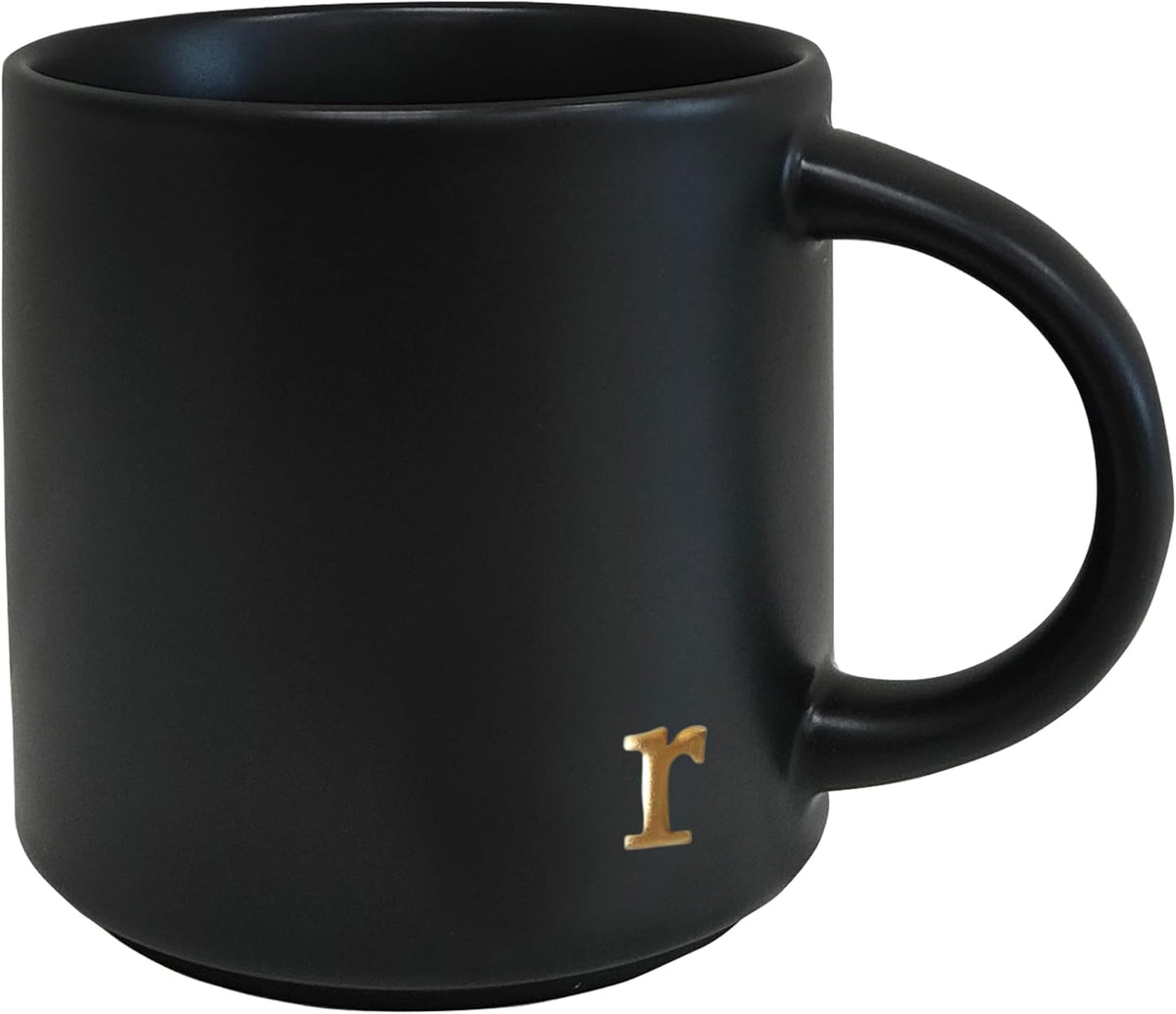 COLLECTIVE HOME - Black Monogram Ceramic Mugs, 15 oz Golden Initial Coffee Cups, Elegant Alphabet Tea Mugs, Personalized Halloween Mug with Gift Box, Perfect for Office and Home Décor (r)