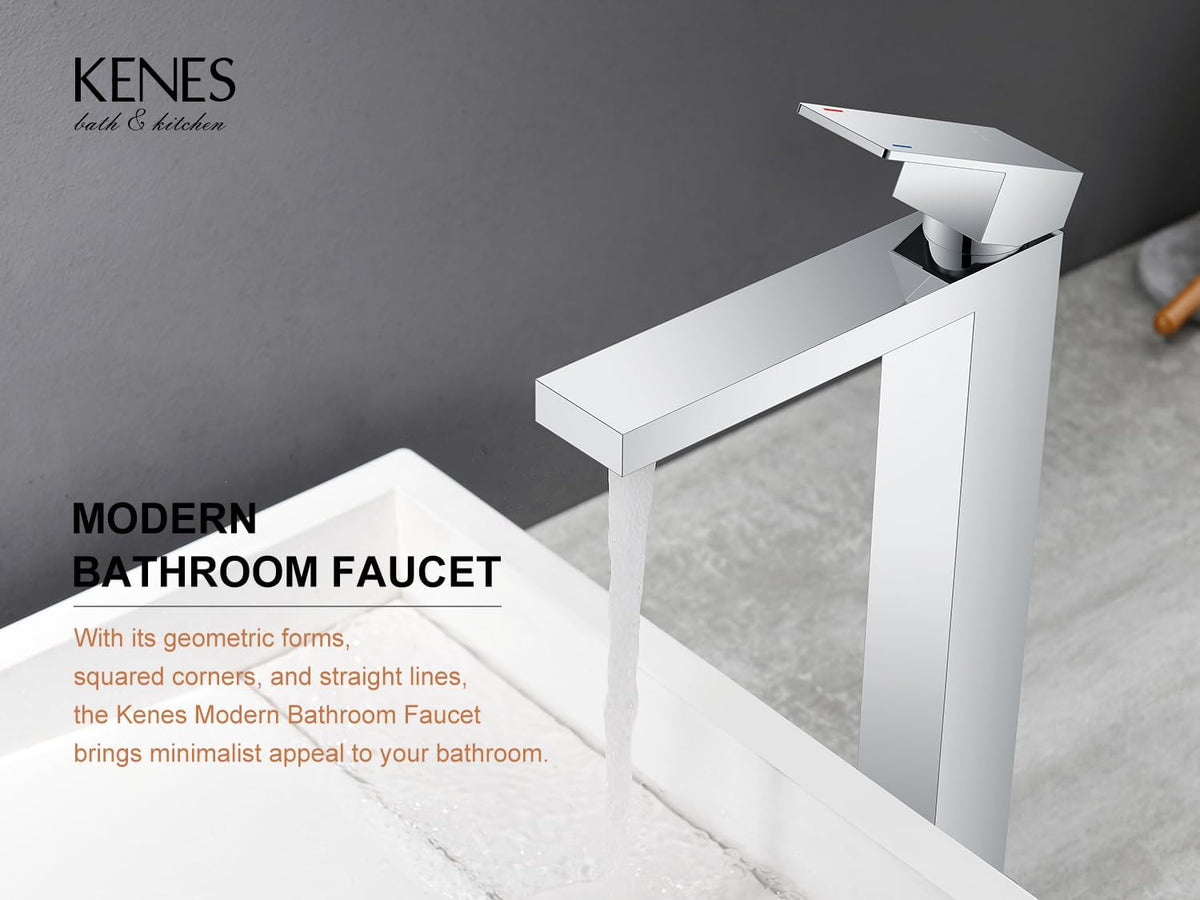 KENES Chrome Bowl Vessel Sink Facuet Single Handle Tall Bathroom Sink Faucet Bathroom Vanity Faucet Basin Mixer Tap with Water Supply Lines and Pop Up Sink Drain, LJ-9031A-5