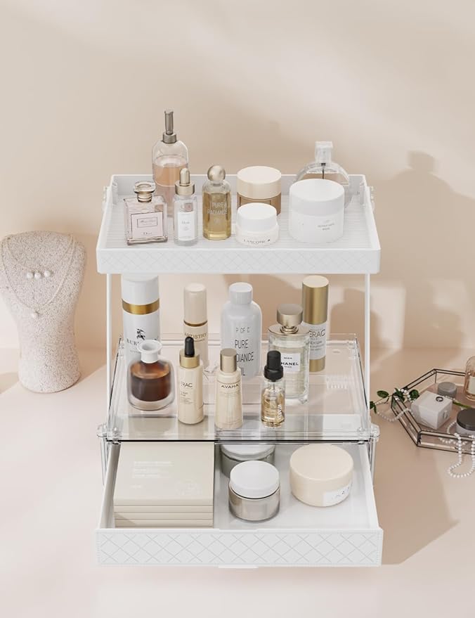 2 Tier Bathroom Countertop Organizer, Z-Shaped Vanity Organizer with Sliding Tray & Drawer, Skincare, Makeup & Perfume Storage Organizer, Acrylic office, Dresse & Desk Organizer