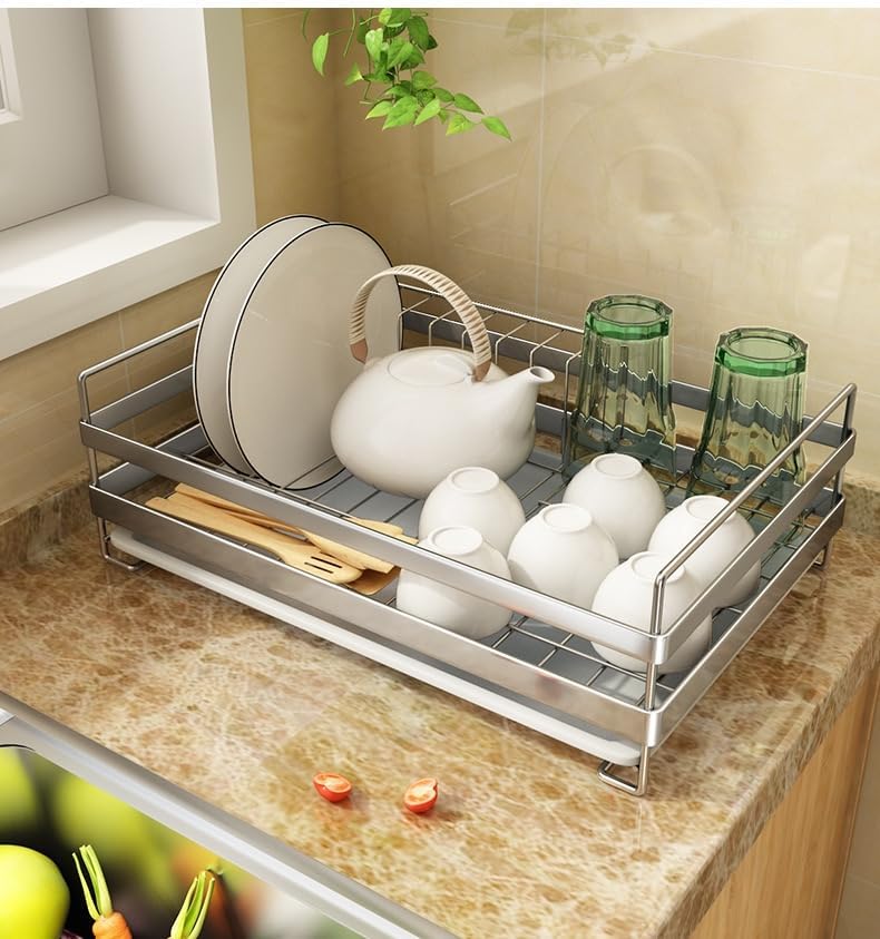 Stainless Steel Dish Racks for Kitchen Counter - Large Dish Drying Rack with Pull Drain Tray, Over The Sink Dish Drainer Drying Rack for Small Spaces, Durable for Countertop Sink
