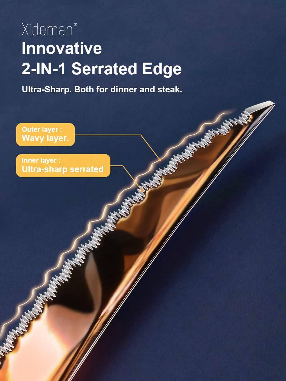 16-Piece Modern Copper Hammered Silverware Set with Ultra Sharp 2-IN-1 Serrated Knife, Rose Gold 18/10 Stainless Steel Flatware Set, Utensil Cutlery Set for 4 Person, Forks Spoons Knives Set