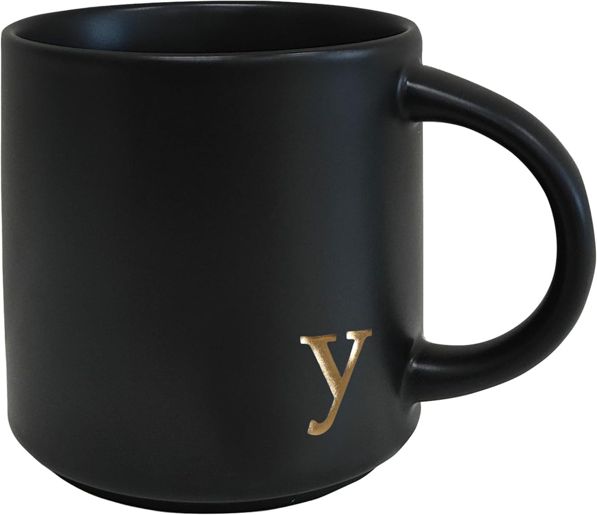 COLLECTIVE HOME - Black Monogram Ceramic Mugs, 15 oz Golden Initial Coffee Cups, Elegant Alphabet Tea Mugs, Personalized Halloween Mug with Gift Box, Perfect for Office and Home Décor (y)