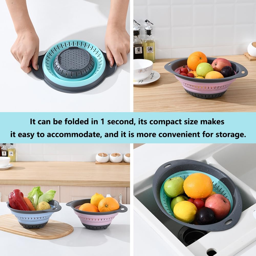 Collapsible Colander and Strainer,Silicone Strainer Colanders & Food Strainers,for Vegetable and Fruit, Kitchen Essentials (2, Green, 1.3L+2.5L)