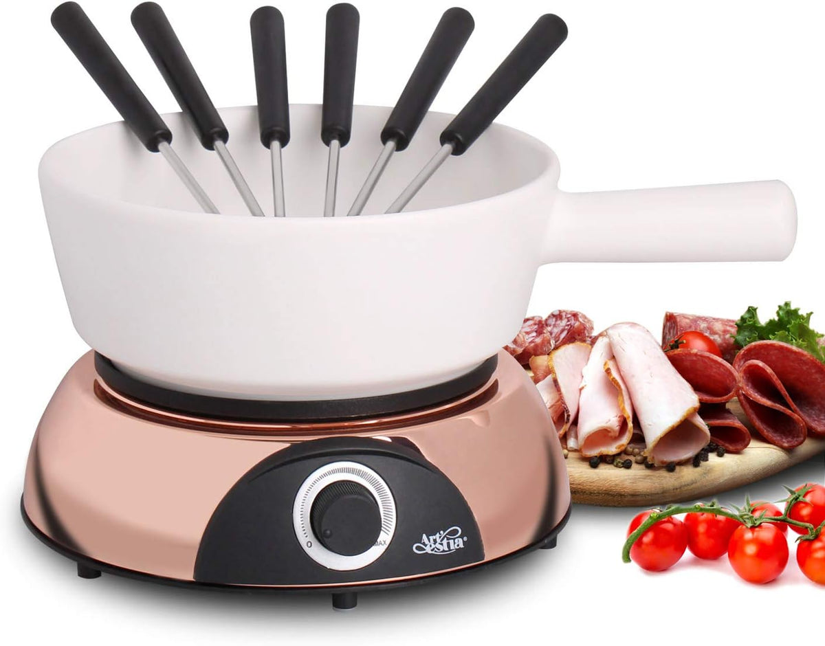 Artestia Electric Fondue Pot 2-QT 1500W, Dual-Use Swiss Fondue Set for Cheese & Chocolate Melting, Adjustable Temperature Control, White Ceramic Pot with Rose-Gold Base & 6 Forks