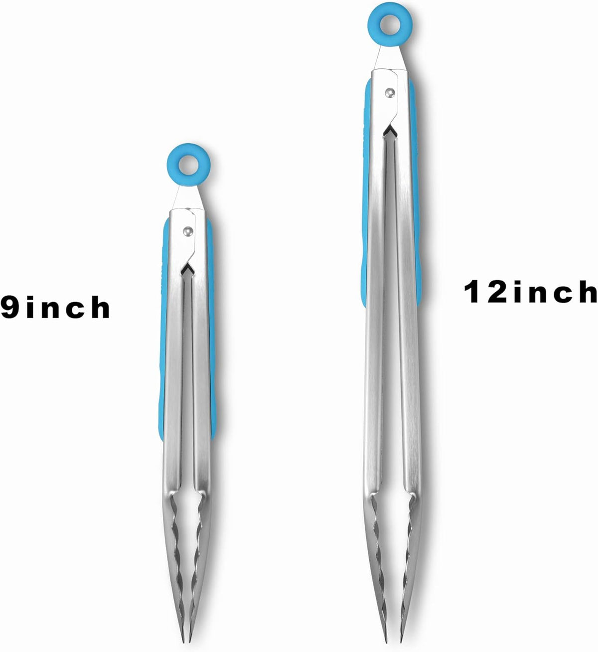ALLWIN-HOUSEWARE W 304 Stainless Steel Kitchen Cooking Tongs, 9" and 12" Set of 2 Sturdy Grilling Barbeque Brushed Locking Food Tongs with Ergonomic Grip, Blue
