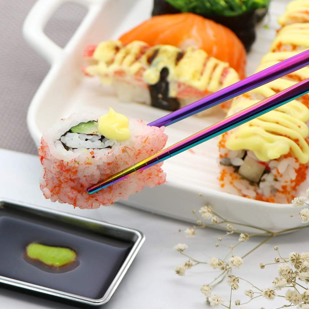 Stainless Steel Chopsticks Reusable Multicolor Lightweight 304 Metal Chopsticks Dishwasher Safe - 5 Pairs (Rainbow)