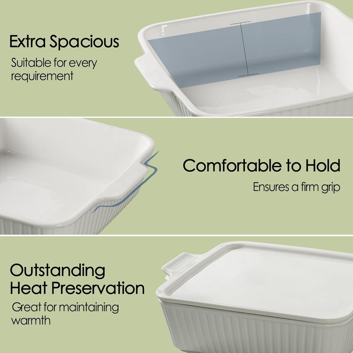 Dizada Casserole Dish for Oven with Lid, 10'' Square Baking Dish, Ceramic Baking Dish, Baking Pan with Handles, Lasagna Pan Bakeware Oven Safe Baking Dish for Oven, Cake, Kitchen, Microwave, Dishwasher Safe, White