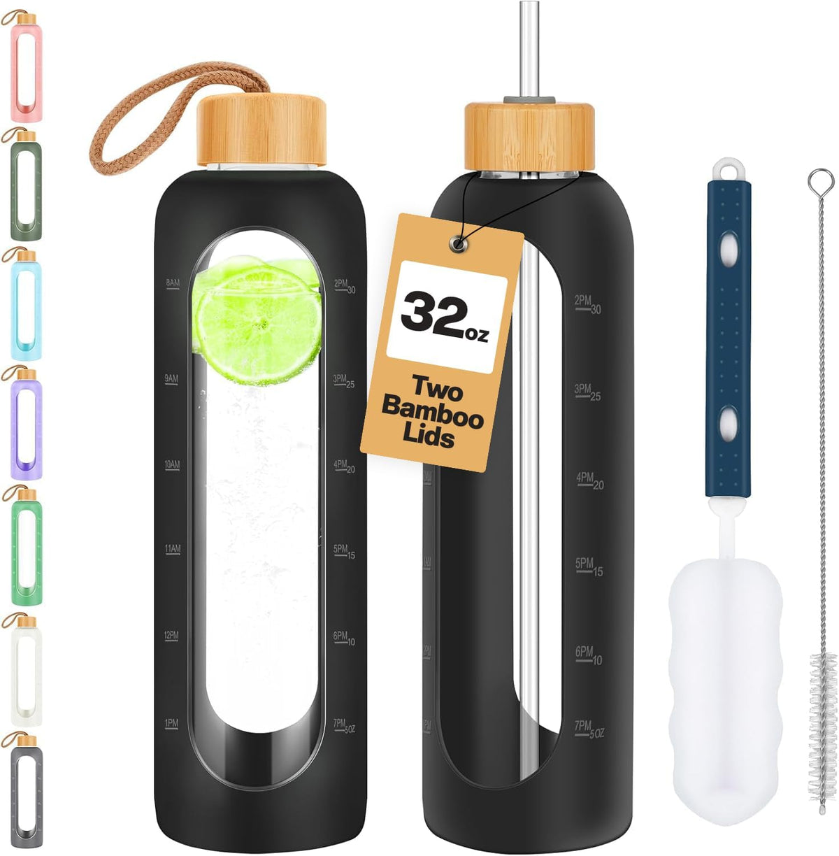 Glass Water Bottles 32 oz - Motivational Drinking Glass Water Bottle with Silicone Sleeve, Straw & 2 Bamboo Lids - 1 Liter Clear Borosilicate Daily Intake Tumbler with Time Marker - Jet Black