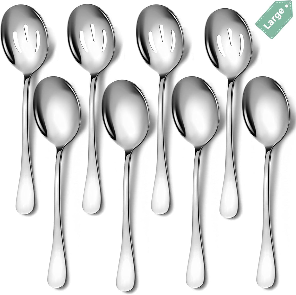 Stainless Steel Serving Spoons Set, 8pc - Includes 4 Large Spoons, 4 Slotted. Perfect for Parties/Buffet, Dishwasher Safe, 10-Inch