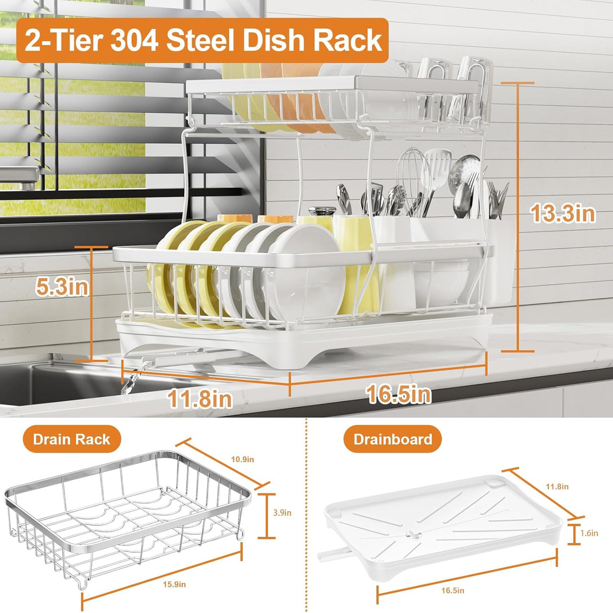 Dish Drying Rack Kitchen 2-Tier 304 Stainless Steel Dish Racks for Kitchen Counter,Strainer with Adjustable Draining Tray,Drying Rack with Water Cup Hook & Cutlery Holder,White