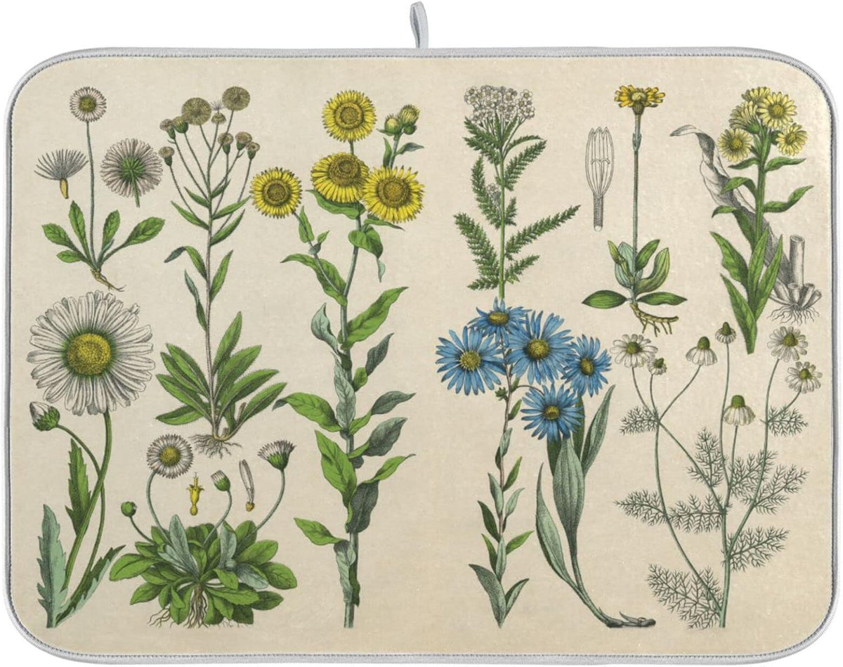 Herbs Flowers Botanical Plant Dish Drying Mat for Kitchen Counter Absorbent Microfiber Drying Pad, Large 18x24 in, Reversible Drainer Mats
