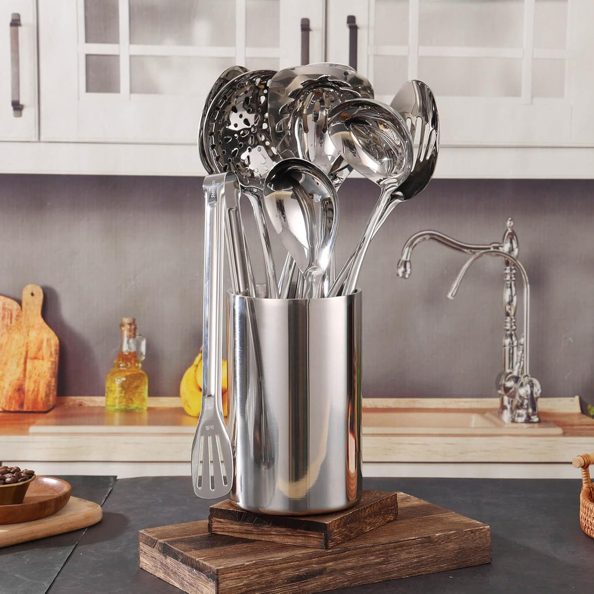 Double Wall Utensil Holder - 304 Stainless Steel Sleek Kitchen Utensil Holder for Countertop, Spatula Spoon Storage Organizer, Large Cooking Utensil Caddy Counter, Shining Utensil Crock, Mirror Polish