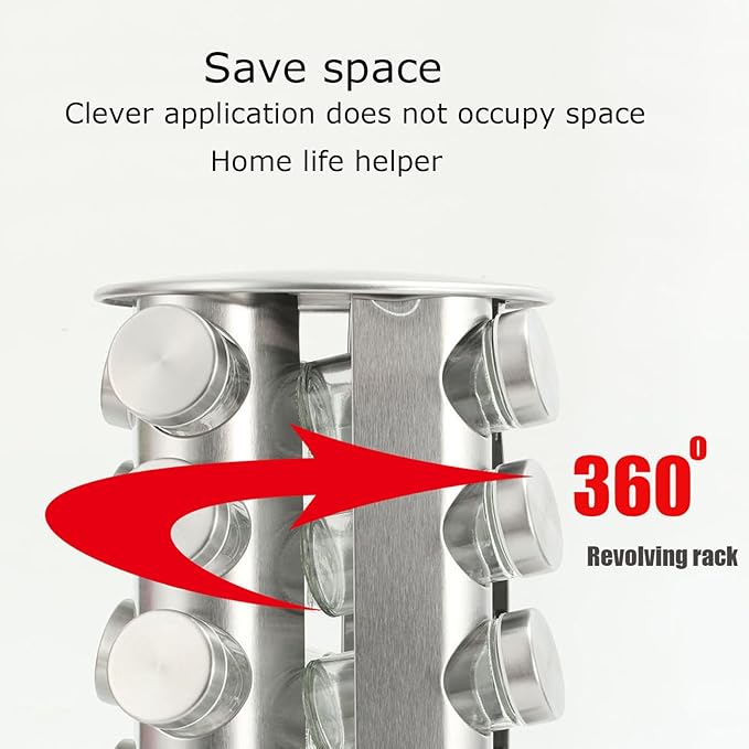 Spice Rack, Spice Rack Organizers for Countertop, Rotating Countertop Spice Rack, Revolving Spice Rack for Kitchen, Kitchen Gadgets, Organizer Rack with Spice Jars (Silver, RoundHead_12Jars)