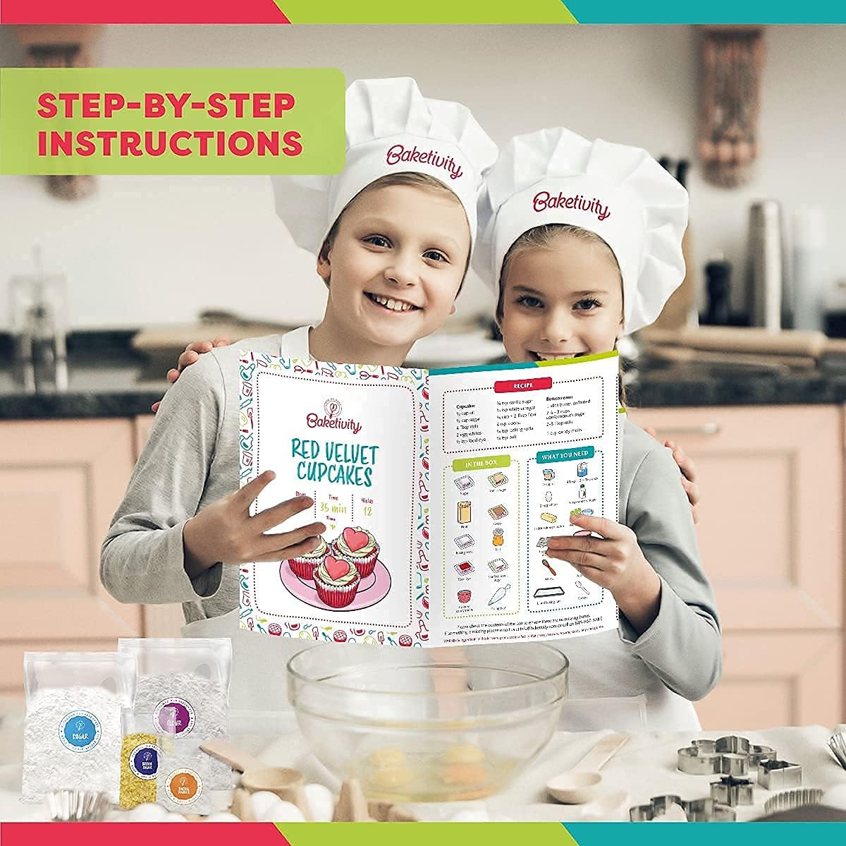 Baketivity Kids Baking Set, Meal Cooking Party Supply Kit for Teens, Real Fun Little Junior Chef Essential Kitchen Lessons, Includes Pre-Measured Ingredients (Baketivity Kit, Red Velvet)