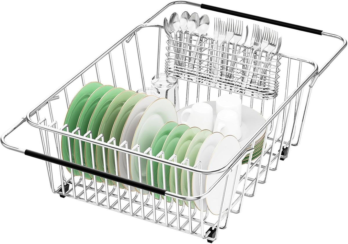 Large Sink Dish Drying Rack, Expandable 304 Stainless Steel Metal Dish Drainer Rack Organizer Shelves with Stainless Steel Utensil Holder Over Inside Sink, Rustproof