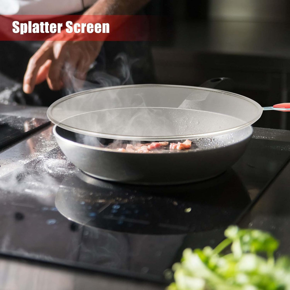 Splatter Screen for Frying Pan, Grease Splatter Guard, Stainless Steel Splatter Guards for Frying with Long Handle, Kitchen Oil Splash Guard Cooking Shield, Fine Mesh Strainer (Red, 10 inch)