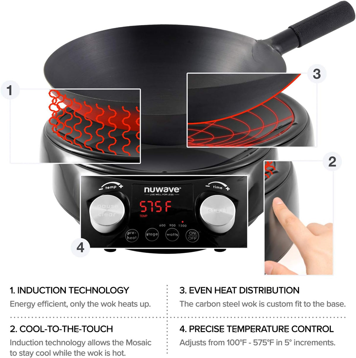 Nuwave Mosaic Induction Wok, Temp Control 100°F-575°F in 5°F, Wok Hei, Infuse Charred Aroma & Flavor, 14-inch Carbon Steel Wok, 8pc Bamboo Accessories