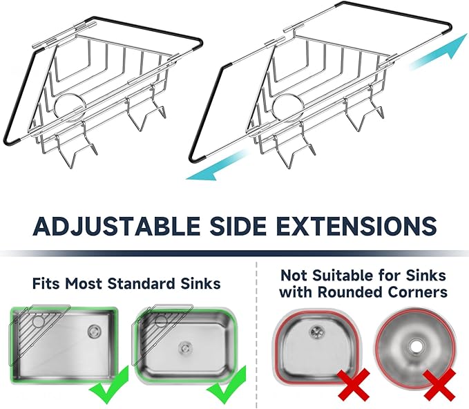 NiHome Extendable Arm Stainless Steel Kitchen Sink Corner Caddy, Easy Install Space-Saving Adjustable Sponge Holder, Non-Slip Rust-Resistant for Brushes, Soap, Sponges (Silver)