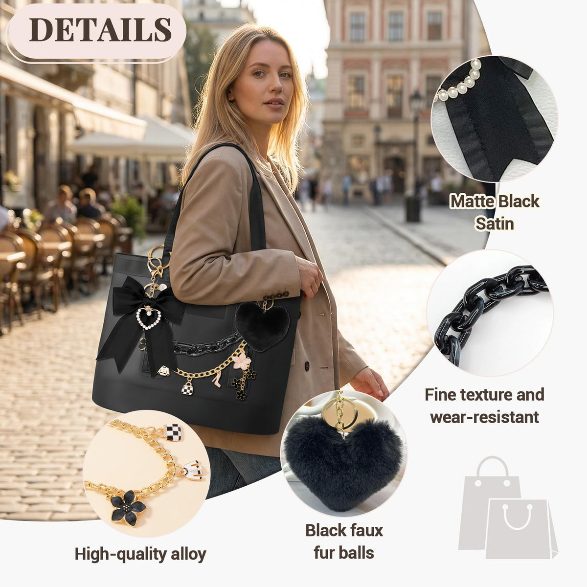 5Pcs Tote Bag Accessories Set for Women, Black Bag Charms Decorative