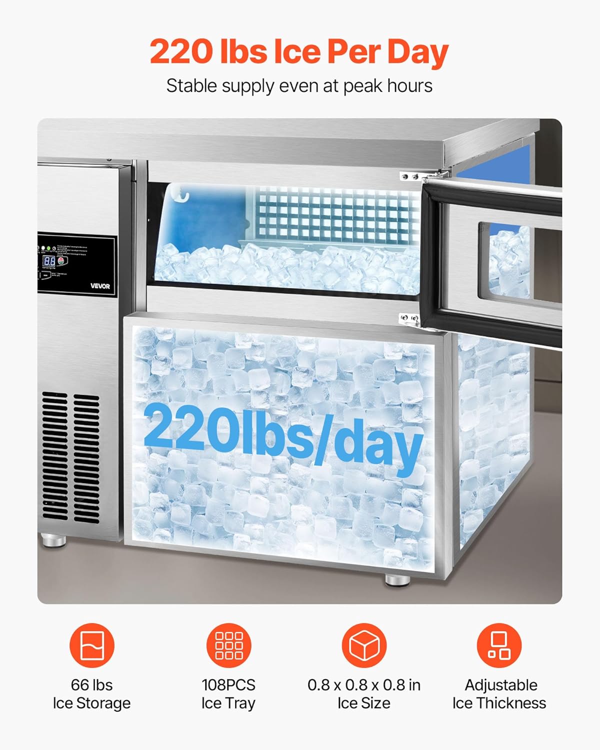 VEVOR Commercial Ice Maker Machine, 220 lbs/24H Stainless Steel Ice Machine with Worktop, 66 lbs Ice Storage Bin & Touch Screen, Self-Cleaning Freestanding Ice Making for Home Bar Restaurant Kitchen