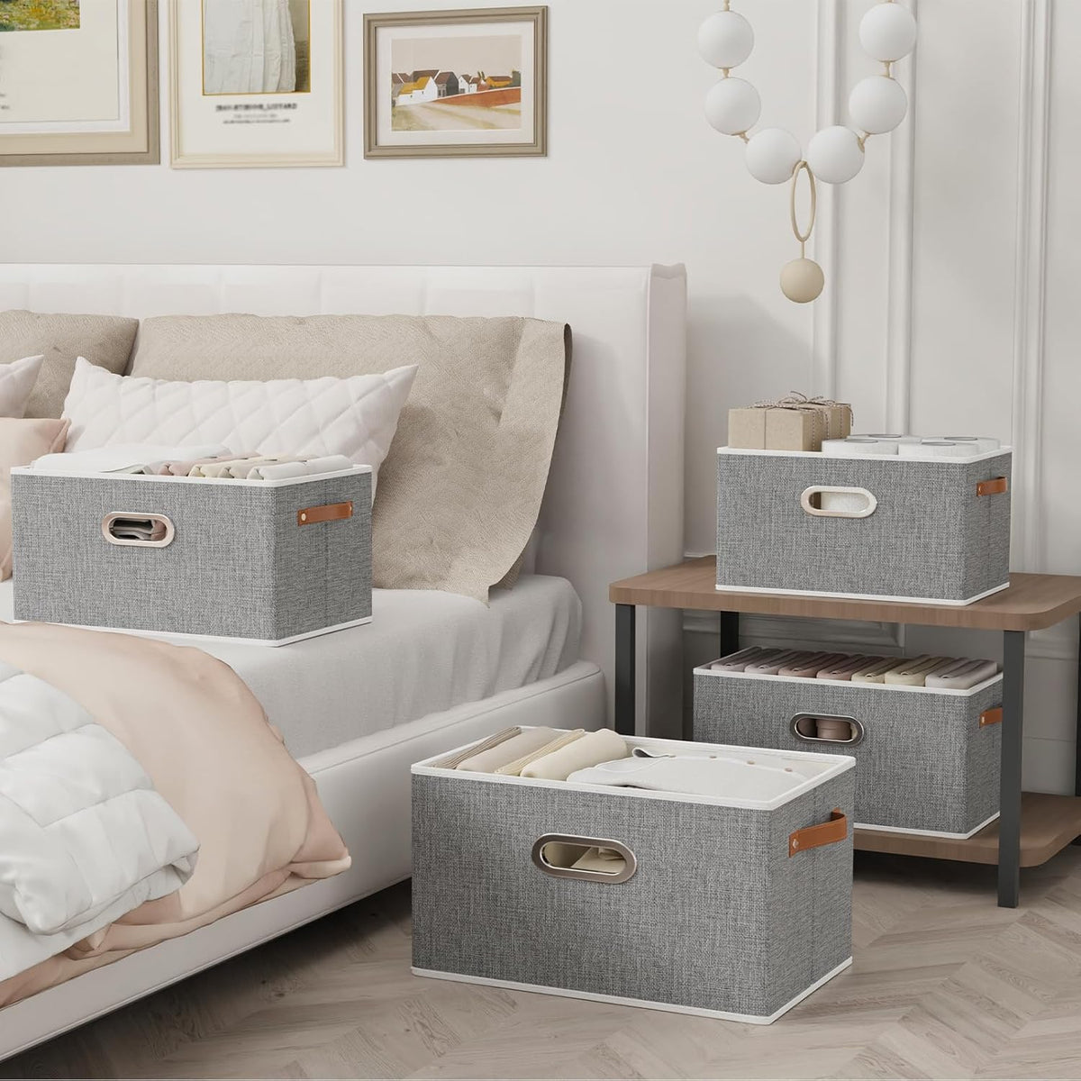 Yawinhe Fabric Storage Bins with Handles, Foldable Baskets for Shelves, Cubes with 3 Handles, Large Boxes for Clothes, Grey, 16.9''Lx11.8''Wx10.2''H, 4-Pack