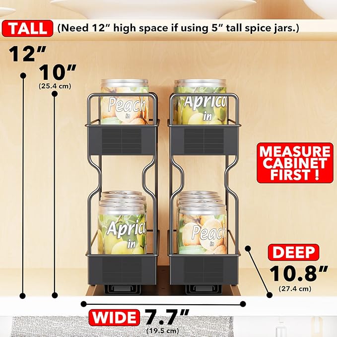 SpaceAid Pull Out Spice Rack Organizer for Cabinet, Heavy Duty Slide Out Seasoning Kitchen Organizer, Cabinet Organizer, with Labels, 7.7" W x10.75 D x10 H, 2 Drawers 2-Tier