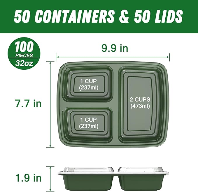 50 Pack (100-Piece) 32 oz Meal Prep Containers Reusable with Lids 3-Compartment, To Go Take Out Plastic Food Storage Containers, Sturdy Leakproof Food Safe, Microwave Freezer Dishwasher Safe, Green